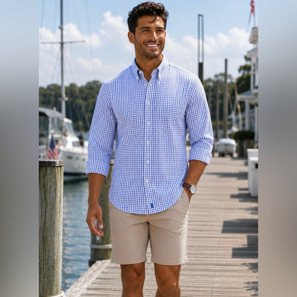 $125 JOHNNIE-O Shirt Mens L Alumni Pacific Check Preppy Casual Cotton Stretch